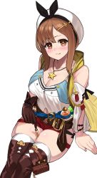 Rule 34 | 1girl, :q, atelier (series), atelier ryza, atelier ryza 1, belt, between thighs, blush, breasts, brown eyes, brown gloves, brown hair, brown thighhighs, cleavage, closed mouth, collarbone, gloves, hair ornament, hairclip, hat, highres, jewelry, large breasts, looking at viewer, mizu sankabutsu ion, navel, necklace, red shorts, reisalin stout, sexually suggestive, short hair, shorts, single glove, sitting, solo, star (symbol), thighhighs, thighs, tongue, tongue out, white hat, white thighhighs