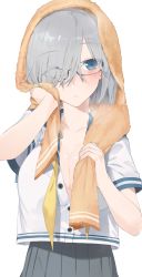 Rule 34 | 10s, 1girl, bespectacled, blue-framed eyewear, blue eyes, breasts, buttons, cleavage, closed mouth, collarbone, drying, drying hair, eyebrows, eyes visible through hair, glasses, grey skirt, hair over one eye, hamakaze (kancolle), hayashi kewi, head tilt, highres, kantai collection, large breasts, looking at viewer, no bra, pleated skirt, school uniform, serafuku, short hair, short sleeves, silver hair, skirt, solo, towel, upper body