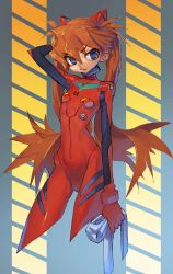 Rule 34 | 1girl, artist request, blue eyes, bodysuit, breasts, brown hair, hair ornament, interface headset, kazeto, long hair, looking at viewer, neon genesis evangelion, plugsuit, shiny clothes, simple background, skin tight, small breasts, solo, souryuu asuka langley, tsundere, twintails, very long hair