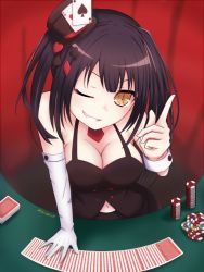 Rule 34 | 10s, 1girl, ace (playing card), ace of hearts, ace of spades, asymmetrical gloves, black hair, breasts, card, casino card table, cleavage, clock eyes, clubs, curtains, date a live, diamond (shape), dress, gloves, hat, heart, highres, long hair, mini hat, mismatched gloves, navel, necktie, one eye closed, playing card, playing games, pointing, pointing up, poker, poker chip, poker table, red necktie, solo, spade (shape), symbol-shaped pupils, table, tokisaki kurumi, tokisakijp, twintails, twitter username, wrist cuffs, yellow eyes
