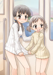 Rule 34 | 2girls, akou roushi, black hair, blush, clothes tug, grey eyes, hair bobbles, hair ornament, hand on shoulder, lake, long sleeves, multiple girls, naked sweater, open mouth, original, ribbed sweater, short hair, silver hair, sky, smile, sweater, sweater tug, train, train interior, twintails, wavy mouth