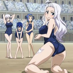Rule 34 | 4girls, barefoot, blue eyes, blue hair, blush, breasts, everyone, fairy tail, highres, large breasts, legs, levy mcgarden, lisanna strauss, looking at viewer, mirajane strauss, multiple girls, smile, stitched, swimsuit, tattoo, third-party edit, wendy marvell, white hair