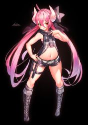 Rule 34 | 1girl, armpit peek, armpits, bad id, bad twitter id, bare arms, bare shoulders, belt, belt buckle, black background, black bow, black necktie, black shorts, black socks, black vest, blush, boots, borrowed character, bow, breasts, buckle, character name, commentary, cross-laced footwear, cursive, full body, grey belt, groin, hair between eyes, hair bow, hand on own hip, hand up, high collar, holster, horns, knee boots, kneehighs, lace-up boots, legs apart, long hair, looking at viewer, navel, necktie, o-ring, original, parted lips, pink hair, pointy ears, red eyes, ryota (ry o ta), salome (iwato1712), shiny skin, short shorts, shorts, simple background, sleeveless, small breasts, socks, solo, standing, stomach, thigh holster, tsurime, twintails, v-shaped eyebrows, v-shaped eyes, very long hair, vest