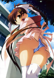 Rule 34 | 1girl, :o, absurdres, ass, brown eyes, brown hair, drinking, from behind, from below, hair ornament, hairclip, highres, kobuichi, long hair, looking at viewer, looking back, looking down, miniskirt, panties, pantyshot, pleated skirt, ponytail, ribbon, school uniform, skirt, solo, standing, striped clothes, striped panties, tenshinranman, thighhighs, underwear, upskirt, very long hair, water, white thighhighs, yamabuki aoi, zettai ryouiki
