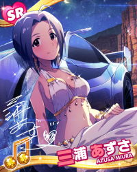 Rule 34 | 10s, 1girl, ahoge, beamed quavers, bracelet, breasts, brown eyes, car, card (medium), character name, character signature, cleavage, crescent moon, crop top, earrings, female focus, idolmaster, idolmaster (classic), idolmaster million live!, jewelry, kawakami tetsuya, looking at viewer, lots of jewelry, midriff, miura azusa, moon, motor vehicle, musical note, navel, night, night sky, official art, short hair, signature, sky, smile, solo, vehicle