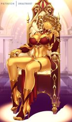 Rule 34 | artist name, black sclera, breasts, cleavage, colored sclera, colored skin, creeping coin (monster girl encyclopedia), dr altruist, drill hair, extra eyes, gloves, gold, head tilt, high heels, jewelry, large breasts, looking at viewer, monster girl encyclopedia, nail polish, sitting, throne, yellow eyes, yellow skin