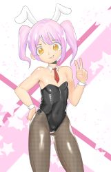 Rule 34 | 1girl, absurdres, animal ears, bare shoulders, black bow, black leotard, black pantyhose, bow, child, collarbone, covered navel, detached collar, fake animal ears, fishnet pantyhose, fishnets, flat chest, hand on own hip, hand up, highres, legs apart, leotard, looking at viewer, moebell, navel, necktie, original, pantyhose, pink background, playboy bunny, purple hair, rabbit ears, red tie, shiny skin, short hair, simple background, smile, smirk, solo, standing, star (symbol), teeth, twintails, v, white background, wrist cuffs, yellow eyes