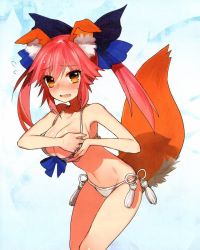 Rule 34 | 10s, 1girl, adjusting, adjusting bra, adjusting breasts, adjusting clothes, animal ears, bikini, blush, bra, breasts, embarrassed, fang, fate/extra, fate (series), fox ears, fox tail, grabbing, grabbing another&#039;s breast, hair ribbon, large breasts, long hair, open mouth, orange eyes, pink hair, red hair, ribbon, side-tie bikini bottom, simple background, solo, sweat, sweatdrop, swimsuit, tail, tamamo (fate), tamamo no mae (fate/extra), twintails, underwear, wada arco