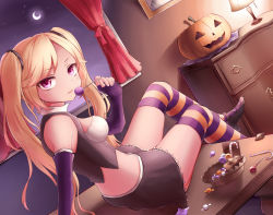 Rule 34 | 1girl, :p, absurdres, bare shoulders, black skirt, blonde hair, breasts, candy, cookie, crescent moon, curtains, desk lamp, drawer, dutch angle, elbow gloves, fingerless gloves, food, gloves, highres, indoors, jack-o&#039;-lantern, lamp, lollipop, midriff, moon, navel, neit ni sei, night, night sky, original, photo (object), pink eyes, pumpkin, shoes, sideboob, sitting, sitting on table, skirt, sky, solo, striped clothes, striped thighhighs, sweets, thighhighs, tongue, tongue out, twintails, window