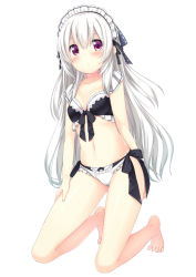 Rule 34 | 1girl, :o, bare arms, bare legs, barefoot, bikini, black bikini, blush, breasts, commentary request, full body, hair between eyes, kneeling, long hair, maid headdress, original, parted lips, red eyes, silver hair, simple background, small breasts, solo, swimsuit, usume shirou, very long hair, white background, white bikini