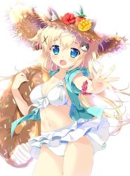 Rule 34 | 1girl, animal ears, bikini, bikini skirt, blonde hair, blue eyes, blush, collarbone, commentary request, fang, flower, food, front-tie bikini top, front-tie top, fruit, hair ornament, hairclip, hat, highres, holding, innertube, jacket, long hair, looking at viewer, mikeou, navel, open clothes, open jacket, short sleeves, simple background, solo, straw hat, sun hat, swim ring, swimsuit, white background, white bikini, wrist cuffs