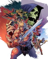 Rule 34 | armor, beast man, blonde hair, character request, commentary, english commentary, everyone, facing viewer, fangs, fantasy, floating, he-man, highres, looking at viewer, magic, man-at-arms, masters of the universe, mer-man, mossman (he-man), muscular, muscular male, orko, polearm, reilly brown, science fiction, simple background, skeletor, sword of power, teela, trap-jaw, tri-klops, trident, weapon