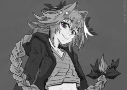 Rule 34 | 1boy, absurdres, artist name, astolfo (fate), astolfo (memories at trifas) (fate), black bow, bow, braid, cropped jacket, cropped shirt, fang, fate/apocrypha, fate/grand order, fate (series), grey background, greyscale, hair bow, hair intakes, highres, hood, hooded jacket, jacket, long braid, long hair, looking at viewer, male focus, midriff, monochrome, multicolored hair, purple eyes, samyrkandia, shirt, single braid, skin fang, smile, solo, spot color, streaked hair, striped clothes, striped shirt, trap, v-neck, white hair