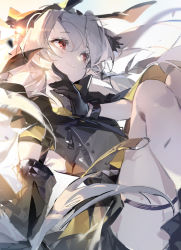 Rule 34 | 1girl, arknights, black dress, black gloves, blush, closed mouth, dress, gloves, highres, long hair, red eyes, short dress, short sleeves, silver hair, smile, solo, thigh strap, tracyton, very long hair, weedy (arknights)