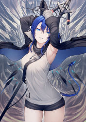 Rule 34 | 1girl, arknights, armpits, arms up, black gloves, black shorts, blue eyes, blue hair, commentary request, cowboy shot, gloves, grey shirt, hair between eyes, kyoeiki, long hair, looking at viewer, mostima (arknights), parted lips, partial commentary, shirt, short shorts, shorts, sleeveless, sleeveless shirt, solo, staff, standing, tail, thighs