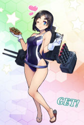 Rule 34 | 10s, 1girl, alternate costume, black hair, blue eyes, blush, closed mouth, competition swimsuit, eating, eyebrows, flip-flops, food, gloves, gradient background, hair ornament, hairclip, heart, honeycomb (pattern), honeycomb background, honeycomb pattern, kantai collection, kuroshio (kancolle), looking at viewer, one-piece swimsuit, one eye closed, sandals, short hair, solo, swimsuit, taketora suzume, takoyaki, thick eyebrows, toothpick, torpedo, turret