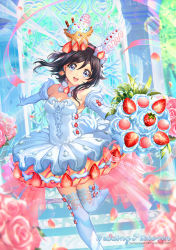 Rule 34 | 1girl, :d, armpits, black hair, blue eyes, blurry, bouquet, bow, bowtie, breasts, character name, collar, depth of field, dress, earrings, elbow gloves, flower, food, food-themed clothes, food-themed hair ornament, fruit, gem, glint, gloves, hair ornament, hairband, highres, holding, holding bouquet, ice cream, jewelry, kaze-hime, leg up, lens flare, looking at viewer, medium hair, open mouth, original, outstretched arms, pikkorin bunny (kaze-hime), pink flower, pink hairband, pink ribbon, pink rose, ribbon, rose, small breasts, smile, solo, sprinkles, standing, standing on one leg, strapless, strapless dress, strawberry, thighhighs, tutu, watermark, web address, white bow, white bowtie, white dress, white gloves, white thighhighs