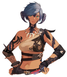 Rule 34 | 1girl, au ra, warrior of light (ff14), blue hair, breasts, cropped torso, dark-skinned female, dark skin, dragon horns, fictional persona, final fantasy, final fantasy xiv, green eyes, hands up, horns, medium breasts, muraicchi (momocchi), necklace, scales, short hair, smile, solo, tooth necklace, white background