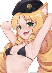 Rule 34 | 1girl, animal ears, arknights, arms behind head, artist name, batazungharn, beret, bikini, black bikini, black hat, breasts, covered erect nipples, drill hair, fang, green eyes, hat, highres, micro bikini, sidelocks, simple background, small breasts, solo, swimsuit, swire (arknights), tiger ears, tiger girl, tongue, tongue out, upper body, white background
