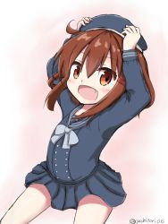 Rule 34 | 10s, 1girl, :d, alternate costume, beret, blush, bow, bowtie, brown eyes, brown hair, commentary request, fang, hair ornament, hairclip, hands on headwear, hat, highres, ikazuchi (kancolle), kantai collection, looking at viewer, open mouth, school uniform, serafuku, short hair, skirt, smile, solo, twitter username, yakitori (yakitori06)