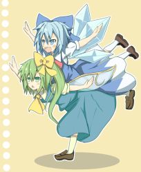Rule 34 | 2girls, awa hirotaka, bad id, bad pixiv id, blue bow, blue eyes, blue hair, blush, bow, brown footwear, cirno, daiyousei, dress, fang, green eyes, green hair, hair bow, highres, ice, ice wings, multiple girls, open mouth, outstretched arms, overman king gainer, parody, ribbon, shoes, side ponytail, simple background, smile, socks, spread arms, touhou, triangle mouth, white legwear, wings, yellow bow