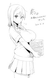 Rule 34 | 1girl, blush, breast rest, breasts, chikurin (sasamori tomoe), comiket 86, dated, from side, greyscale, large breasts, lineart, monochrome, original, pleated skirt, sasamori tomoe, school uniform, skirt, solo, stack, sweater vest