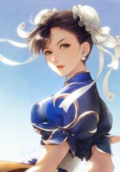 Rule 34 | 1girl, artist name, blue background, breasts, brown eyes, brown hair, bun cover, capcom, chun-li, commentary request, double bun, earrings, from side, gold trim, gradient background, hair bun, hair ornament, highres, jewelry, lips, looking at viewer, medium breasts, parted lips, puffy short sleeves, puffy sleeves, satochi (1122), short sleeves, signature, smile, solo, street fighter, street fighter ii (series), upper body