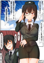 Rule 34 | 1girl, black hair, black neckwear, blouse, blush, bob cut, breasts, brown eyes, choker, closed mouth, emphasis lines, formal, frown, girls und panzer, green headwear, green skirt, hat, highres, kawashima momo, looking at viewer, medium breasts, megadeko, military, military hat, military uniform, miniskirt, monocle, multiple views, necktie, open mouth, pencil skirt, selection university military uniform, shirt, short, skirt, skirt suit, sky, smile, suit, sweat, tears, tight skirt, translation request, uniform, white shirt