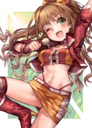 Rule 34 | 1girl, absurdres, blush, boots, breasts, brown hair, cleavage, collarbone, denchu (kazudentyu), green eyes, high heel boots, high heels, highres, hino akane (idolmaster), holding, holding microphone, idolmaster, idolmaster cinderella girls, large breasts, long hair, looking at viewer, microphone, navel, one eye closed, open mouth, red footwear, sketch, smile, solo, thigh boots, thighhighs