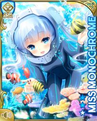 Rule 34 | 1girl, :d, blue background, blue eyes, blunt bangs, card, character name, day, fish, girlfriend (kari), helmet, miss monochrome, miss monochrome (character), ocean, official art, open mouth, outdoors, qp:flapper, scuba, scuba suit, smile, solo, swimming, tagme, twintails, underwater, white hair