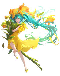 Rule 34 | 1girl, absurdres, ahoge, alternate costume, aqua hair, blue eyes, blue hair, clothing cutout, commentary, dress, english commentary, flower, full body, hair between eyes, hair flower, hair ornament, hands up, hatsune miku, heart, heart cutout, highres, leaf, lizchief, long hair, looking at viewer, open mouth, orange flower, oversized flower, shoes, short sleeves, simple background, solo, teeth, tongue, tulip, twintails, unfinished, very long hair, vocaloid, white background, yellow dress, yellow flower, yellow footwear