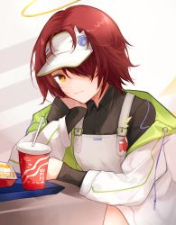 Rule 34 | 1girl, absurdres, among us, arknights, artist name, black shirt, coat, collared shirt, crewmate (among us), cup, detached wings, disposable cup, energy wings, exusiai (arknights), fast food, gupipy, hair over one eye, halo, hat, highres, long sleeves, looking at viewer, off shoulder, official alternate costume, open clothes, open coat, overalls, red hair, shirt, simple background, sitting, smile, solo, visor cap, white background, white coat, white hat, white overalls, wings, yellow eyes