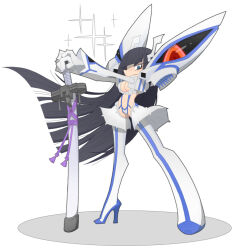Rule 34 | 1girl, animenishikihebi, bakuzan, black hair, blunt bangs, boots, breasts, closed mouth, eyelashes, frown, full body, gloves, hand on hilt, high heel boots, high heels, kamui (kill la kill), kill la kill, kiryuuin satsuki, large breasts, long hair, looking at viewer, navel, revealing clothes, simple background, solo, sparkle, sword, thick eyebrows, thigh boots, toon (style), very long hair, weapon, white background, white gloves