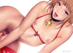 Rule 34 | 1boy, androgynous, bell, blunt bangs, bottomless, bra, brown hair, collar, crossdressing, cupless bra, eyelashes, freckles, inverted nipples, lipstick, makeup, male focus, neck bell, nipples, nitrile, open mouth, penis, penis ribbon, red thighhighs, ribbon, simple background, skindentation, solo, thighhighs, trap, uncensored, underwear, white background