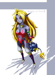 Rule 34 | 1girl, animal ears, bodypaint, breasts, breath of fire, breath of fire ii, capcom, furry, furry female, highres, long hair, no panties, no pants, nude, pointy ears, red eyes, rinpoo chuan, solo, striped, tail, white background