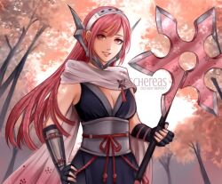 Rule 34 | 1girl, artist name, axe, black gloves, breasts, cherche (fire emblem), cherche (ninja) (fire emblem), cleavage, fingerless gloves, fire emblem, fire emblem awakening, fire emblem heroes, gloves, hand on own hip, holding, holding axe, long hair, looking at viewer, medium breasts, ninja, nintendo, official alternate costume, pink eyes, pink hair, scarf, schereas, smile, solo, white scarf