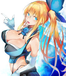 Rule 34 | 1girl, bare shoulders, blonde hair, blue eyes, blue flower, blue rose, blush, breasts, cleavage, elbow gloves, flower, gloves, hair ribbon, highleg, highres, large breasts, long hair, looking at viewer, midriff, mirai akari, mirai akari project, nishiide kengorou, open mouth, ribbon, rose, side ponytail, simple background, skirt, smile, solo, virtual youtuber, white gloves