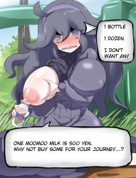 Rule 34 | 10s, 1girl, @ @, absurdres, ahoge, ayuayu (shouyu no sato), black hair, blush, bottle, breast hold, breast slip, breasts, bush, creatures (company), game freak, grass, hairband, hard-translated, hex maniac (pokemon), highres, huge breasts, lactating into container, long hair, looking at viewer, naughty face, nintendo, nipples, npc trainer, one breast out, open clothes, open mouth, outdoors, pale skin, pokemon, pokemon xy, purple eyes, ribbed sweater, sitting, sky, smile, solo, sweater, text focus, third-party edit, translated