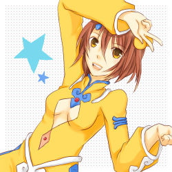 Rule 34 | 1girl, blue-star6437, breasts, brown hair, cleavage cutout, clothing cutout, dress, hair ornament, lowres, norma beatty, open mouth, short hair, star (symbol), tales of (series), tales of legendia, v, yellow eyes