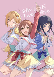 Rule 34 | 3girls, ahoge, arm up, black hair, blonde hair, blue bow, blue eyes, blue jacket, blush, bow, breasts, brown eyes, brown hair, cleavage, closed mouth, cropped jacket, cross tie, detached collar, dot nose, dress bow, frilled skirt, frills, grin, hair between eyes, hand up, hands up, highres, ibuki tsubasa, idolmaster, idolmaster million live!, idolmaster million live! theater days, index finger raised, jacket, kasuga mirai, large breasts, long hair, long sleeves, looking at viewer, medium breasts, mikaze takashi, mogami shizuka, multiple girls, one eye closed, one side up, open clothes, open jacket, open mouth, orange bow, pink background, plaid, plaid skirt, red bow, red eyes, red jacket, short hair, side ponytail, simple background, skirt, small breasts, smile, standing, standing on one leg, strawberry pop moon (idolmaster), two-tone dress, v, yellow jacket