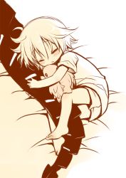 Rule 34 | 1boy, 1girl, bare arms, bare legs, barefoot, bondrewd, child, closed mouth, creature, hair between eyes, hug, hugging another&#039;s tail, hugging tail, lying, made in abyss, meinya (made in abyss), monochrome, on bed, on side, out of frame, parted lips, prushka, sakurazawa izumi, shirt, short hair, shorts, sleeping, tail