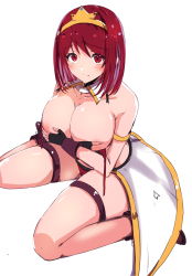 Rule 34 | 1girl, absurdres, areola slip, blush, breasts, collar, covering privates, covering breasts, crown, ekaki kukuma, hairband, highres, kneeling, large breasts, looking at viewer, looking up, no bra, original, panties, red eyes, red hair, red panties, simple background, skirt, solo, spread legs, thigh strap, underwear, white background