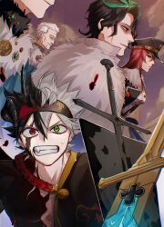 Rule 34 | ahoge, asta (black clover), black bulls (emblem), black clover, black clover: sword of the wizard king, black hair, clenched teeth, closed mouth, conrad leto, edward avalache, gen me, green eyes, grey hair, heterochromia, highres, horns, jester garandros, light smile, looking at viewer, multicolored hair, parted lips, princia funnybunny, red eyes, single horn, spiked hair, sword, teeth, weapon