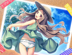 Rule 34 | 1girl, :d, aoba kokona, bare arms, bare shoulders, braid, brown hair, chima q, clothes lift, clothes writing, commentary request, dress, dress lift, from behind, green dress, hair ornament, hairclip, hat, highres, lifting own clothes, long hair, looking back, open mouth, outline, panties, photo (object), red eyes, sleeveless, sleeveless dress, smile, solo, sun hat, thigh gap, underwear, very long hair, white outline, white panties, yama no susume
