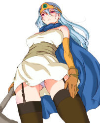 Rule 34 | 1girl, aqua hair, blue hair, breasts, cape, chunsoft, circlet, dragon quest, dragon quest iii, elbow gloves, enix, from below, garter straps, gloves, large breasts, long hair, oono tsutomu, panties, pantyshot, red eyes, sage (dq3), simple background, solo, standing, thighhighs, underwear