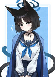 1girl absurdres animal_ears black_eyes black_ribbon blue_archive blue_background blue_haori blue_neckerchief blue_sailor_collar blue_skirt blush cat_ears cat_girl cat_tail closed_mouth commentary flying_sweatdrops haori haori_on_shoulders highres japanese_clothes kikyou_(blue_archive) long_sleeves looking_at_viewer multiple_tails nassss neck_ribbon neckerchief pleated_skirt puffy_long_sleeves puffy_sleeves ribbon sailor_collar school_uniform serafuku shirt short_hair simple_background skirt solo tail two_tails white_shirt