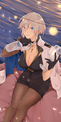 Rule 34 | 1girl, absolut vodka, absurdres, adapted costume, alcohol, azur lane, black choker, black gloves, black pantyhose, black skirt, blue eyes, breasts, choker, cleavage, commentary, cross, cross necklace, cup, drinking glass, english commentary, gloves, grey hair, highres, jacket, jacket on shoulders, jewelry, large breasts, looking at viewer, necklace, pantyhose, short hair, skirt, smile, tetsumoru, vodka, washington (azur lane), wine glass