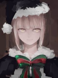 Rule 34 | 1girl, artoria pendragon (all), artoria pendragon (fate), black capelet, blonde hair, bow, bowtie, capelet, closed mouth, fate/grand order, fate (series), fur trim, green bow, green bowtie, hat, looking at viewer, red bow, red bowtie, saber alter, santa alter, santa costume, santa hat, short hair, smile, solo, upper body, wataichi meko, yellow eyes