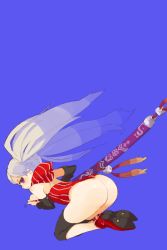 Rule 34 | 1girl, ass, blue hair, breasts, female focus, full body, katana, looking back, mota, no panties, original, purple eyes, sheath, sheathed, simple background, solo, sword, twintails, weapon