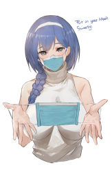 Rule 34 | 1girl, black eyes, blue hair, blush, braid, breasts, cropped torso, dp-12 (girls&#039; frontline), english text, girls&#039; frontline, hairband, highres, large breasts, mask, mouth mask, pandea work, shirt, simple background, single braid, sleeveless, sleeveless shirt, smile, solo, surgical mask, white background, white hairband, white shirt